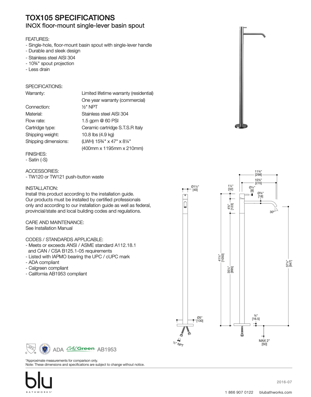 Blu fiche technique robinet sur pied