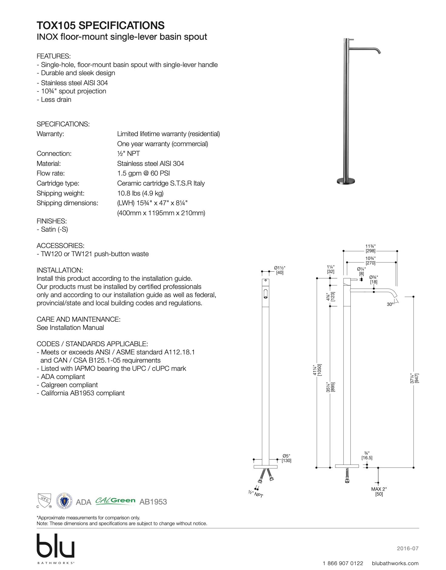 Blu fiche technique robinet sur pied