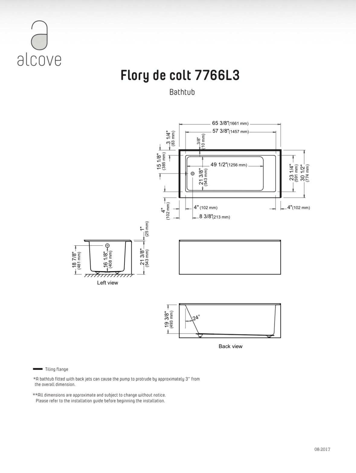 Baignoire encastrée Flory de Colt 66 po, drain à droite
