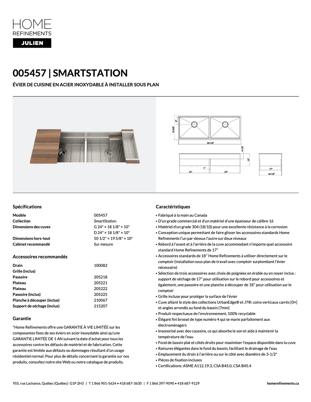 Ensemble d'évier double Smartstation 48po, avec accessoires noyer