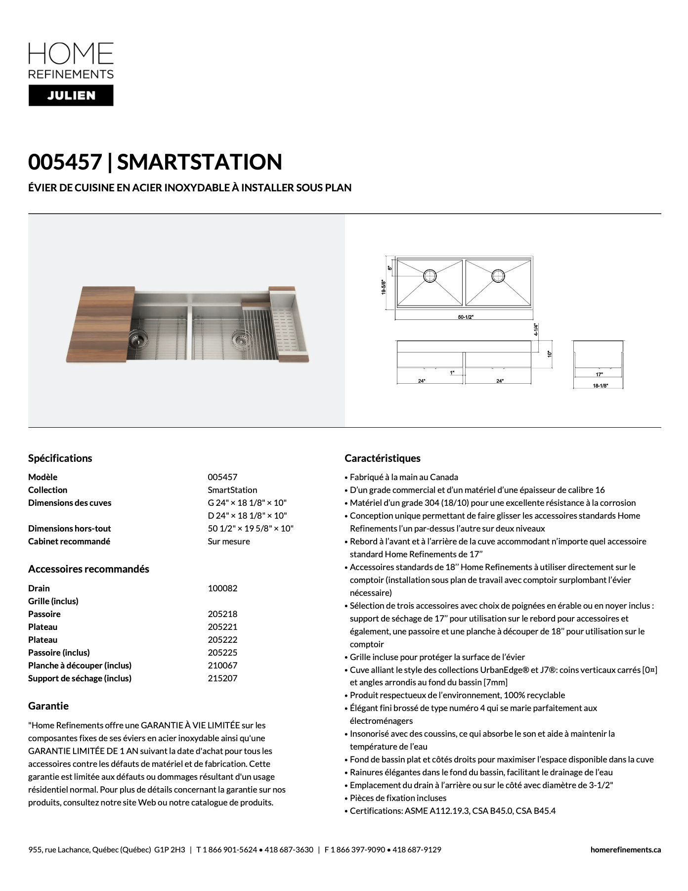 Ensemble d'évier double Smartstation 48po, avec accessoires noyer