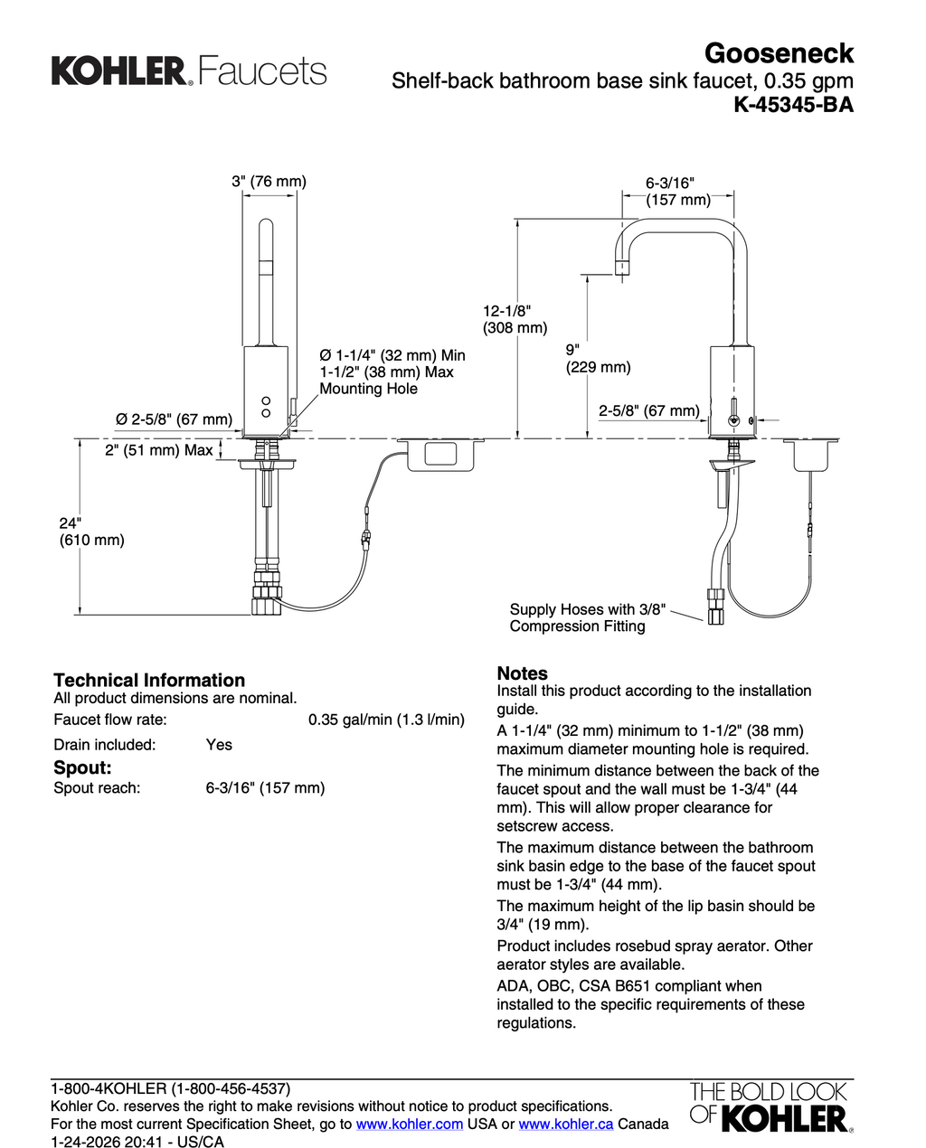 Fiche technique Kohler Gooseneck Chrome