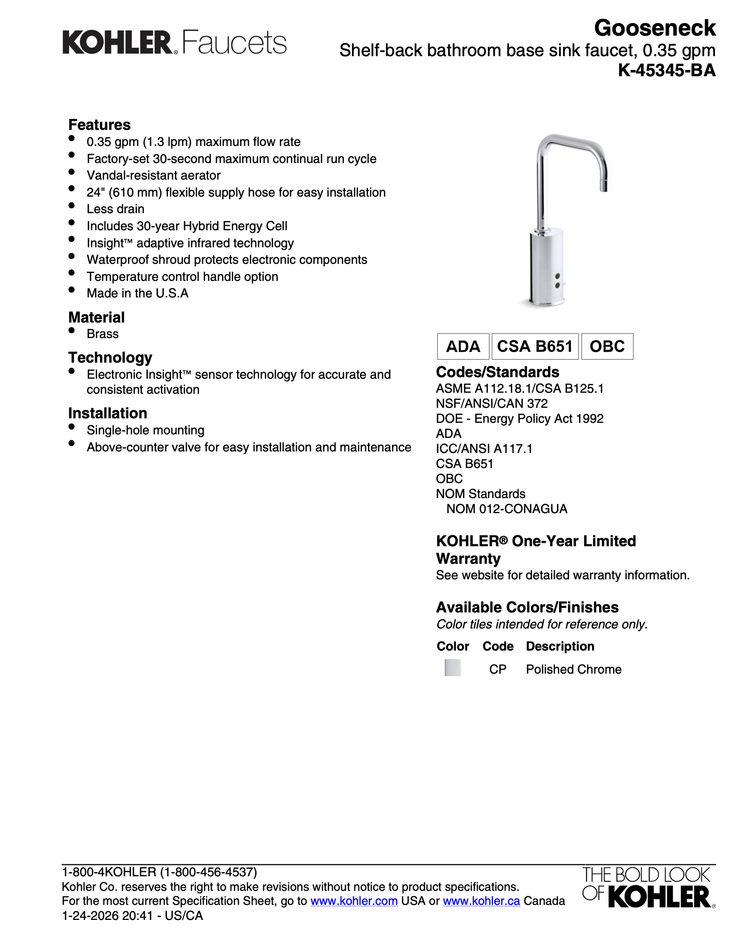 Fiche technique Kohler Gooseneck