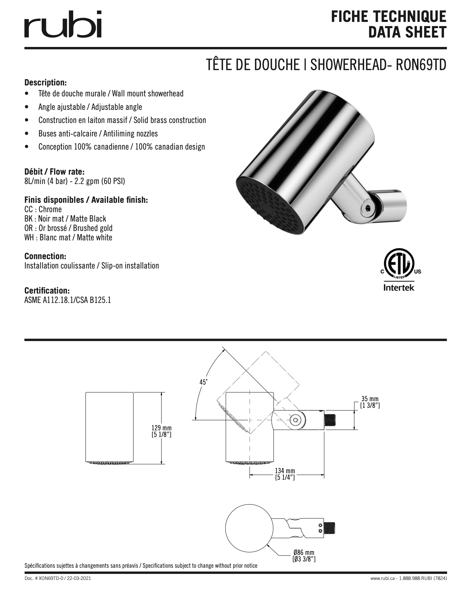 Tête de douche cylindrique, Blanc mat