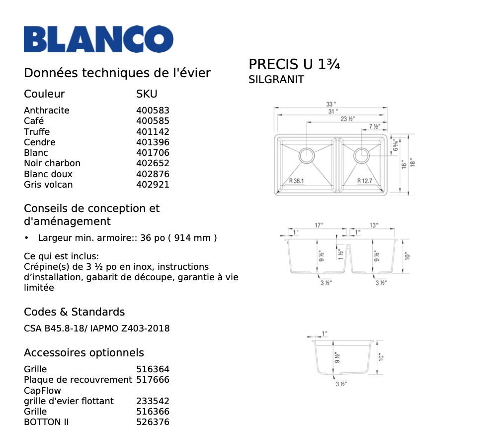Évier de cuisine Precis U 1.75, 33 po blanc mat