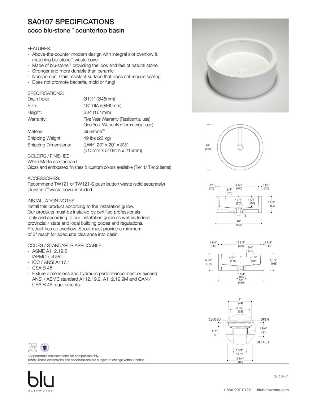 Fiche technique Vasque lavabo 18" Coco Blustone